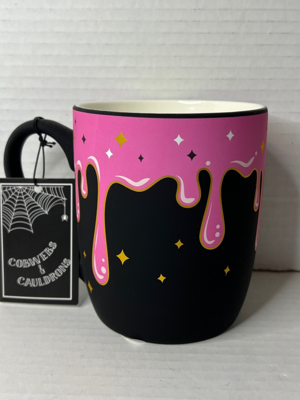 Cobwebs & Cauldrons Halloween Matt Black Pink Drip Yellow Stars Ceramic Mug New